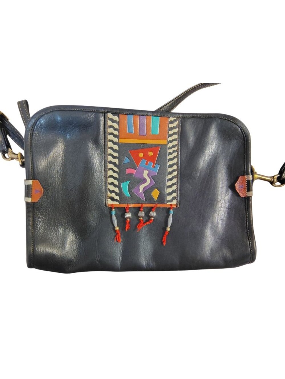 Vtg. Turtle Ridge Black Leather Purse Crossbody, Abstract Print Adjustable Strap
